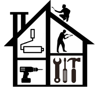A black and white illustration of a house with four sections showing different tools and activities: a person working on a roof, someone reading a blueprint inside, a power drill, and a set of tools including a wrench, screwdriver, and hammer.