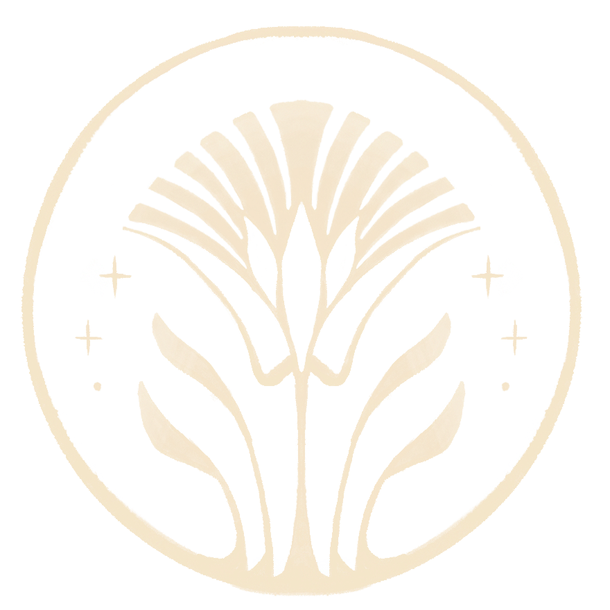 Stylized white floral emblem with stars on a black background, enclosed in a circle.