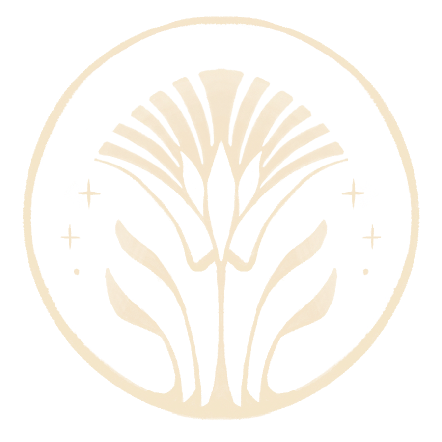 Minimalist black and beige circular logo featuring a stylized plant with symmetrical leaves, surrounded by stars and sparkles.