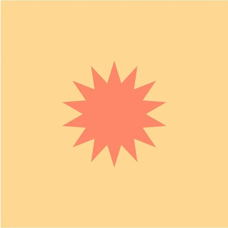 A pinkish-orange starburst shape on a light beige background.