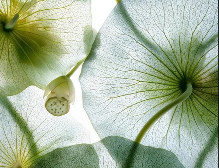 Close-up of lotus leaves and a white lotus flower bud from below, showing intricate veining.