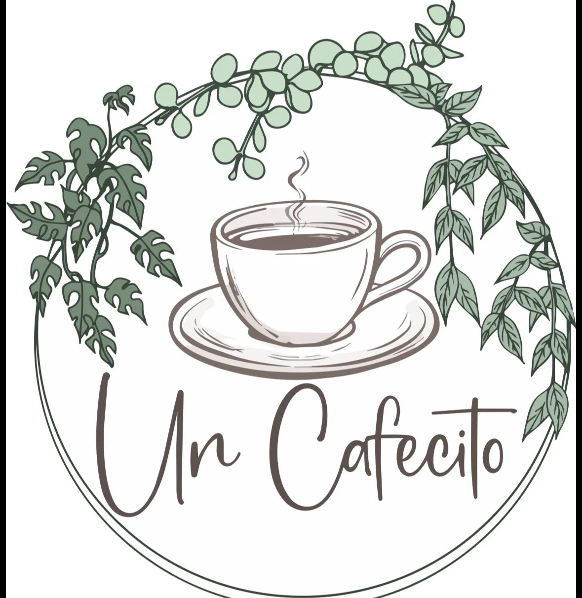 Illustration of a steaming cup of coffee on a saucer, surrounded by green leafy plants, with the words "Un Cafecito" beneath the cup.