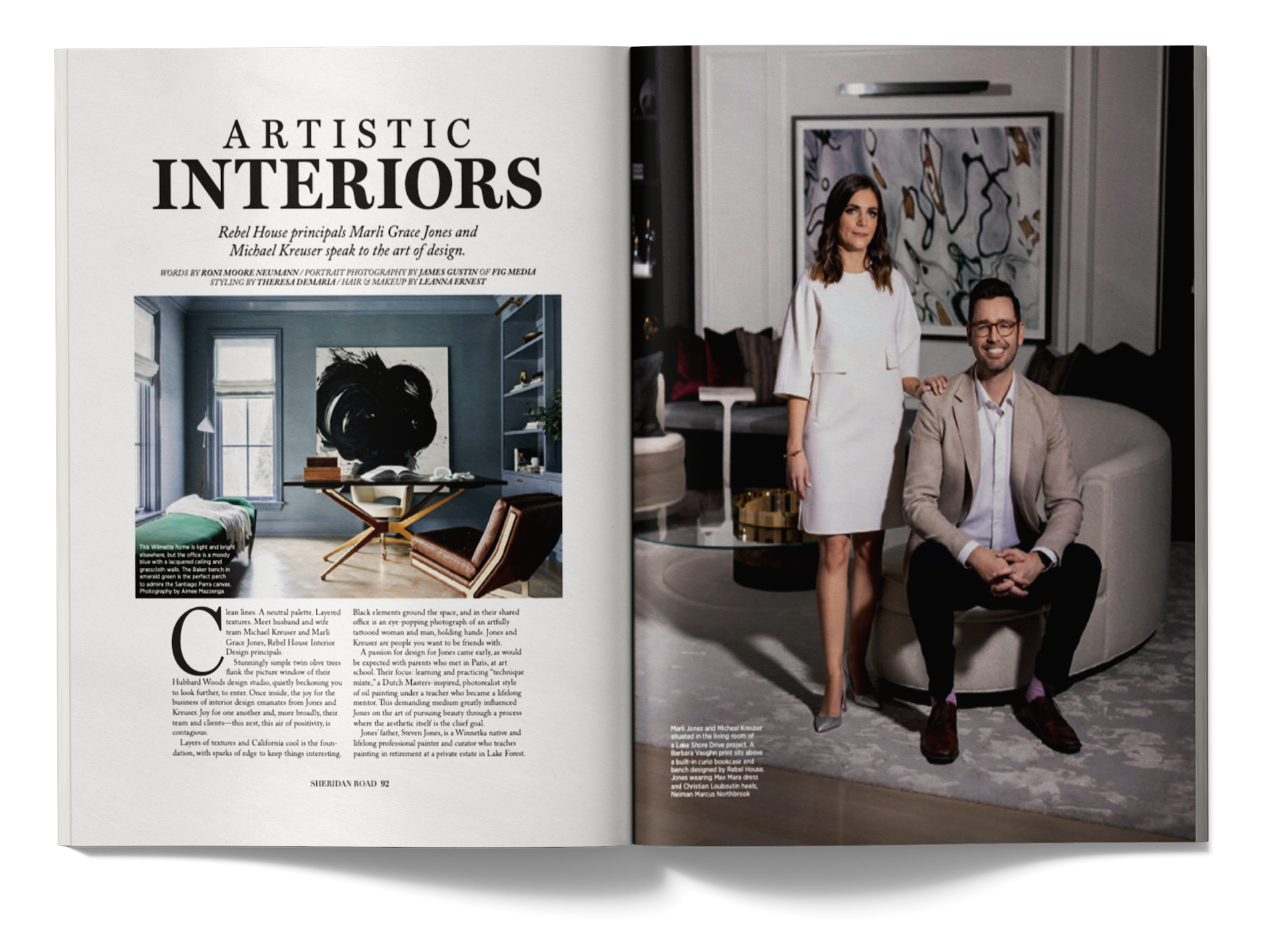 Open magazine showing an article titled "Artistic Interiors" on the left page and a photograph of a woman and a man in a living room on the right page.