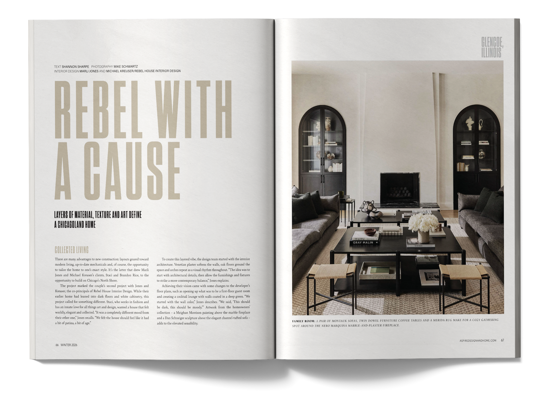 Open magazine spread featuring an interior living room design with black arched bookcases, a fireplace, and modern furniture including sofas and coffee tables.