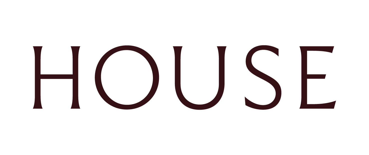 The word 'HOUSE' written in large, dark red and black text with a transparent background.