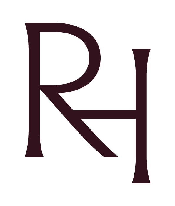 A stylized monogram of the letters R and H in dark purple on a black background.