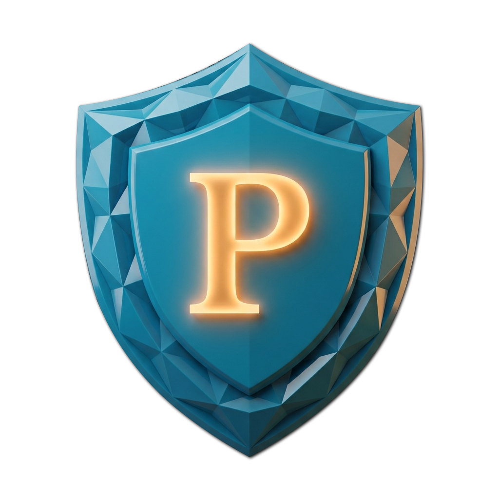 A 3D digital illustration of a blue shield with a glowing letter 'P' in the center, representing protection or security.