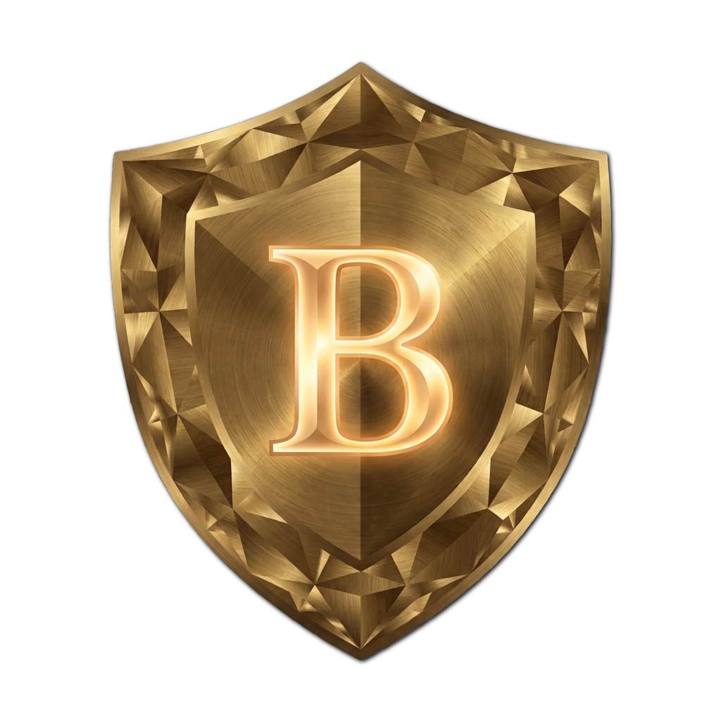Gold shield with a large glowing letter B in the center, set against a black background.