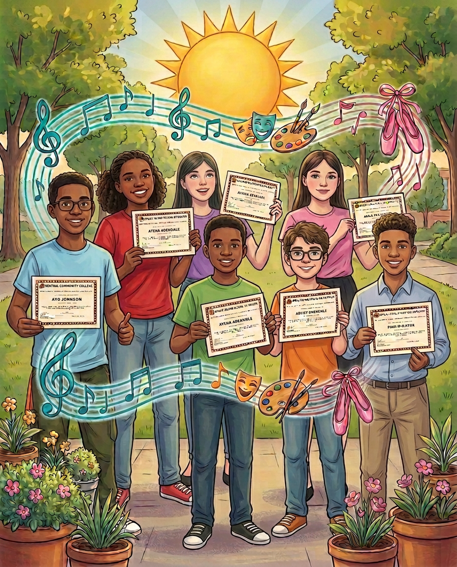 A group of seven diverse children outdoors holding certificates, smiling, with a sunny sky, trees, flowers, and music notes, theater masks, and art supplies floating in the air.