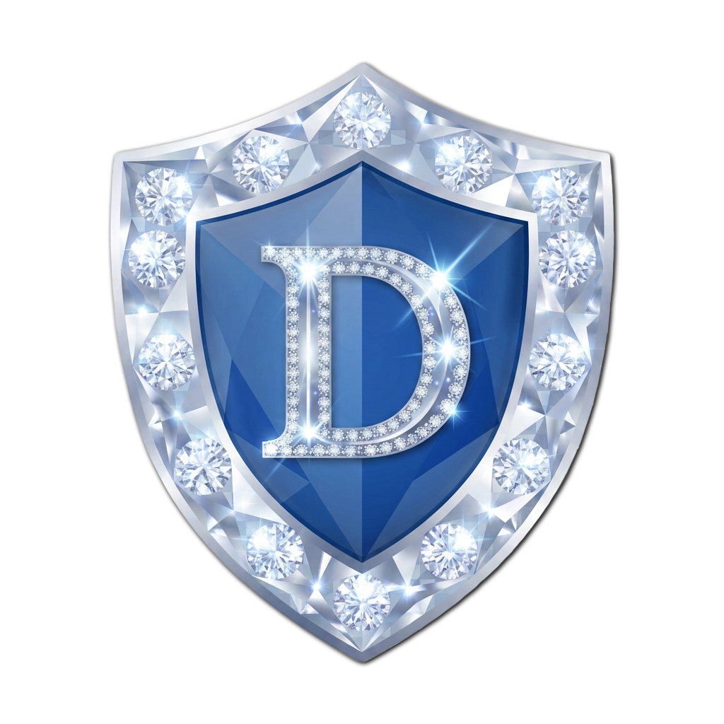 A shiny silver and blue shield emblem with a letter D decorated with diamonds, surrounded by a ring of diamonds against a black background.