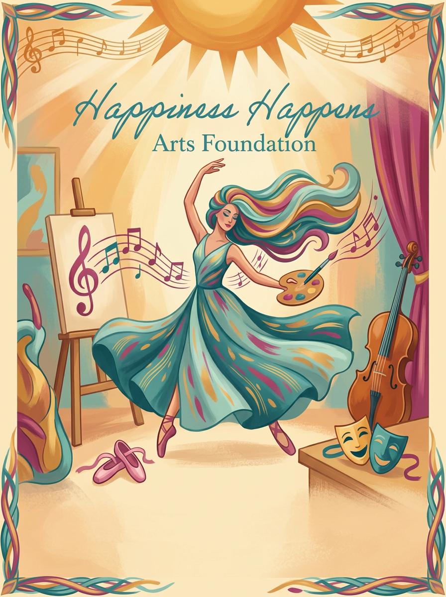 A woman dancing in a studio surrounded by art and music items. She is holding a palette and brush, with a music staff and notes floating around her. There is a cello, theater masks, a ballet slipper, and an easel with a musical note on it. The background features sunlight and stage curtains, with decorative borders.