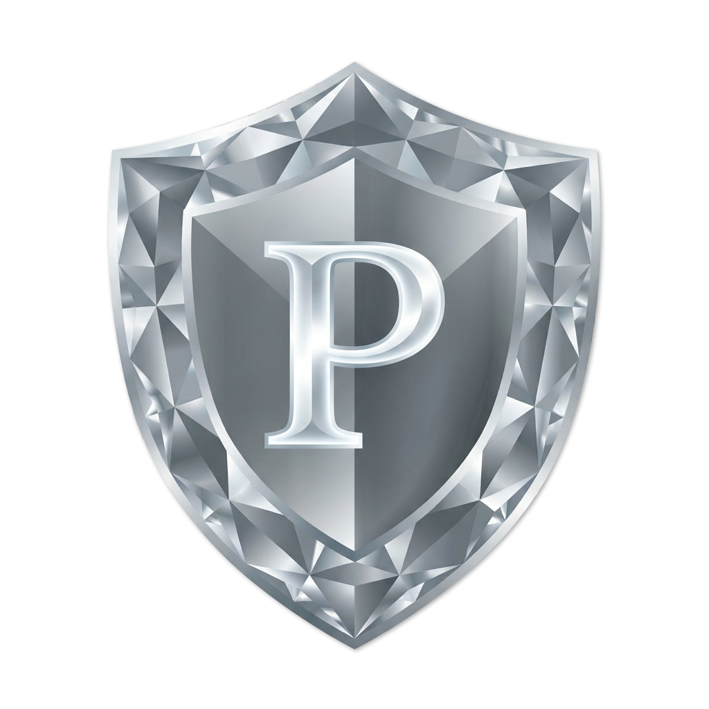 Silver shield badge with a large, illuminated letter 'P' in the center, surrounded by a faceted, gem-like border, set against a black background.