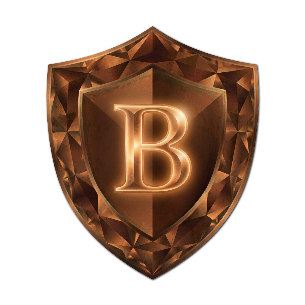 A glowing emblem with a letter B inside a shield, surrounded by a decorative metallic pattern on a black background.