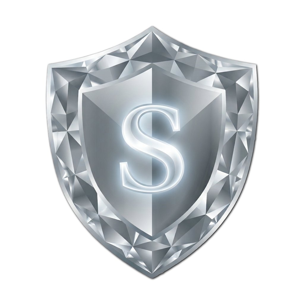 A shiny silver shield with a large glowing letter 'S' in the center, set against a black background.
