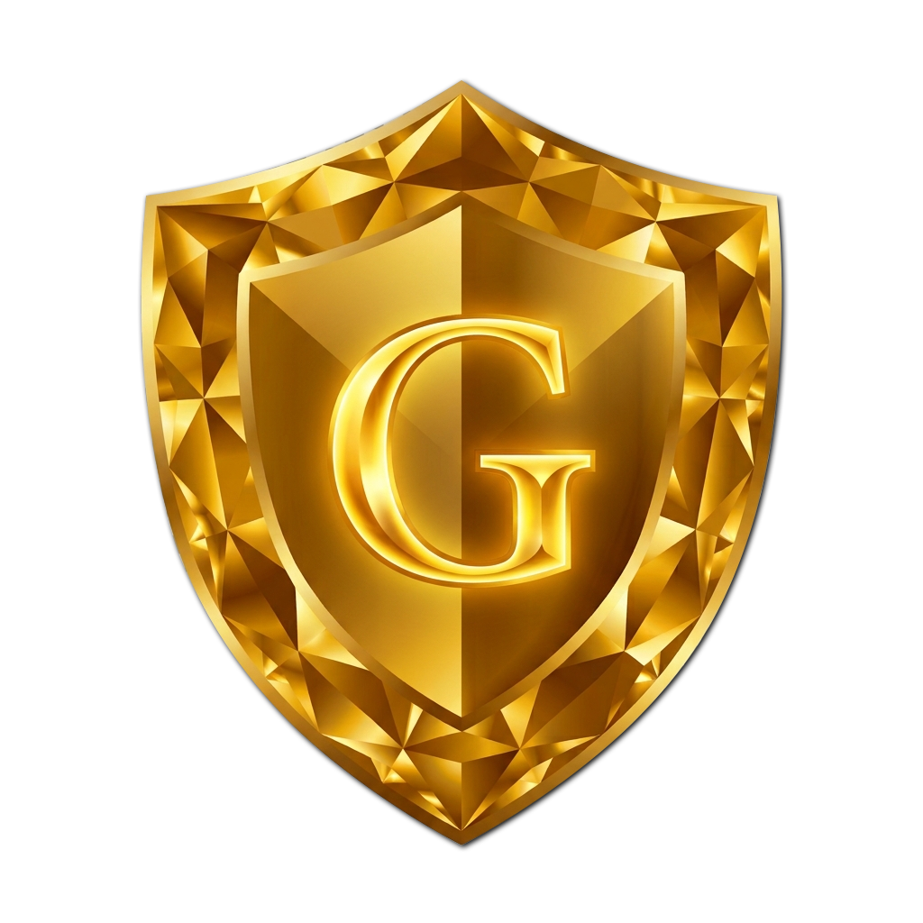 Gold shield with a large letter G in the center, surrounded by geometric patterns on a black background.