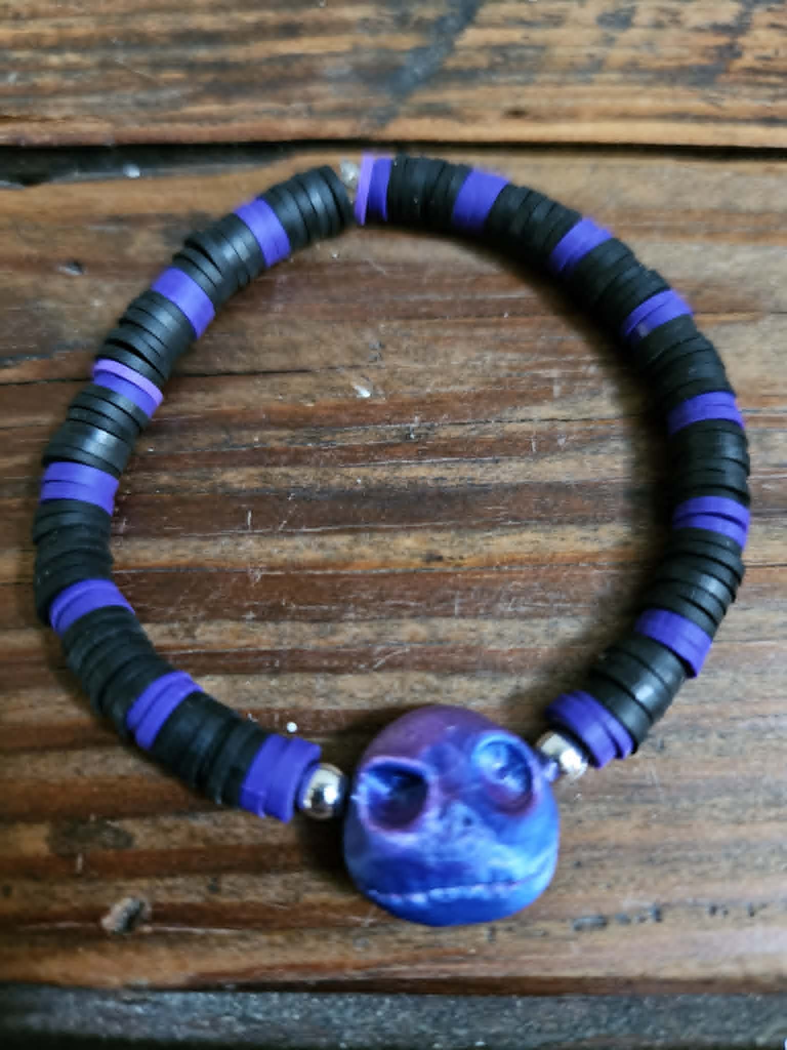 Handmade Purple and Black Beaded spooky jack Skull Bracelet