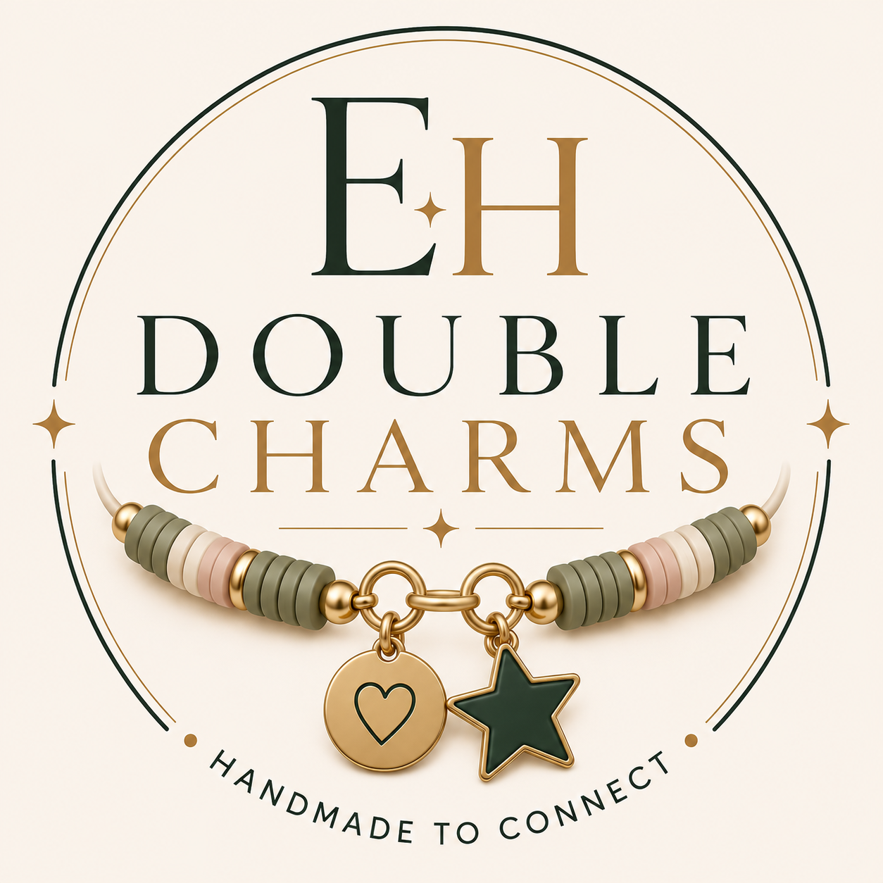 A circular logo with the words "E H Double Charms" and a beaded bracelet with two charms, one heart and one star, at the bottom. The text below reads "Handmade to Connect."