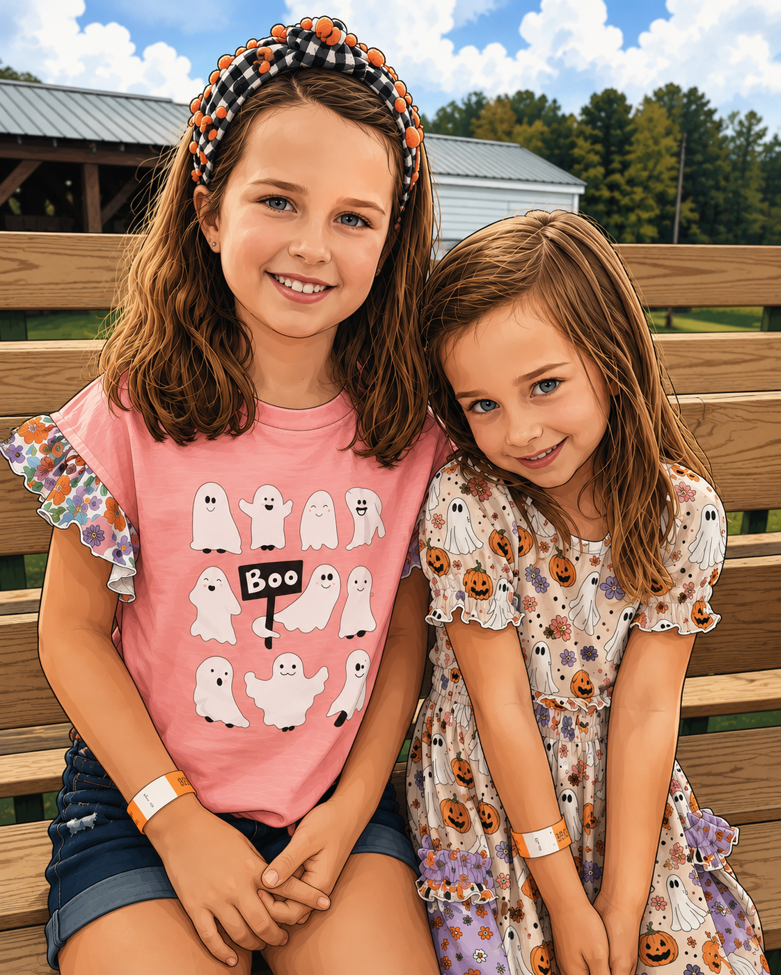 Two young girls sitting on a wooden bench outdoors in a park, smiling at the camera, with trees and a building in the background. They are wearing Halloween-themed clothes and wristbands.