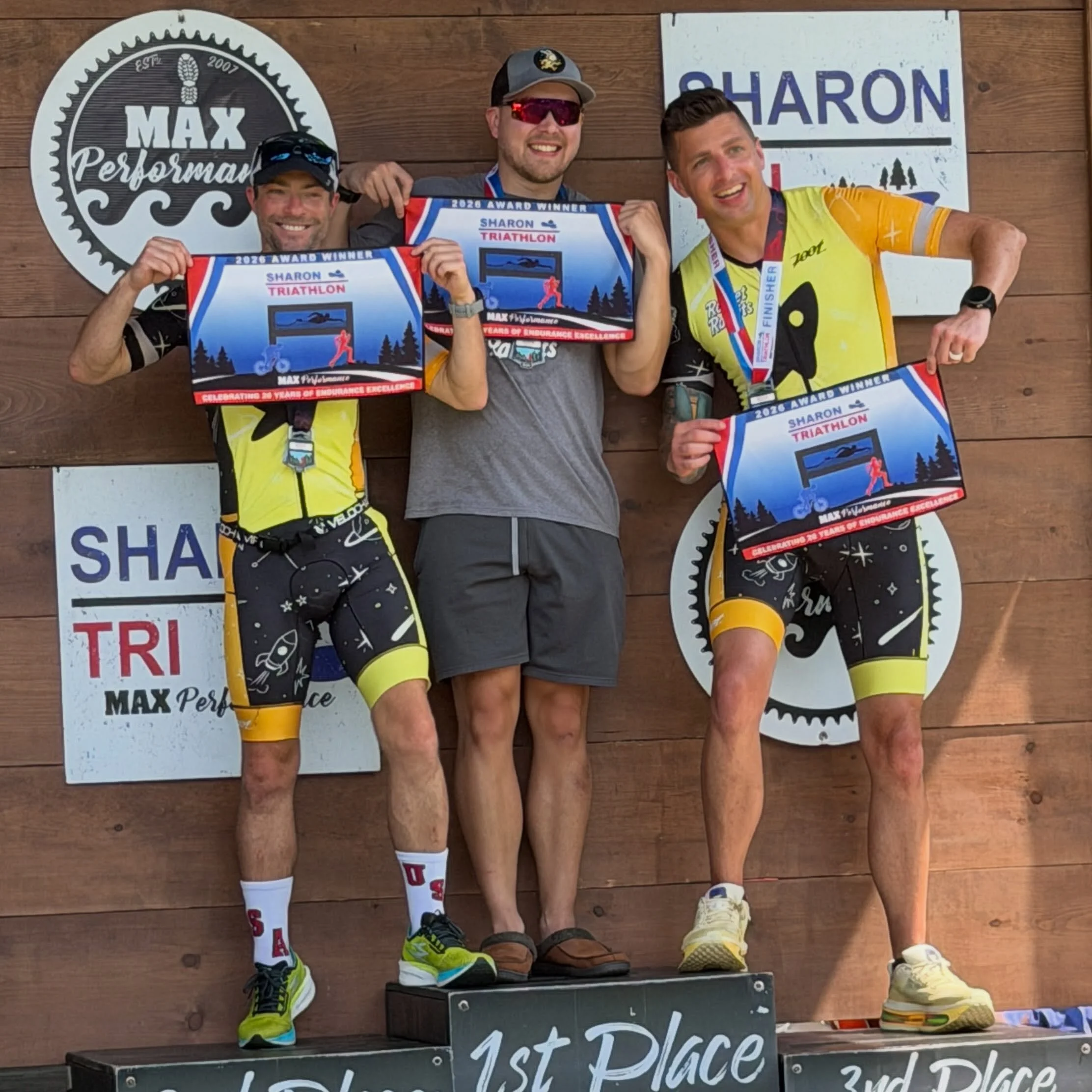 WINNERS!!! 
First Place - Men&rsquo;s Relay at the Max Performance Sharon Sprint Triathlon 10AUG2026