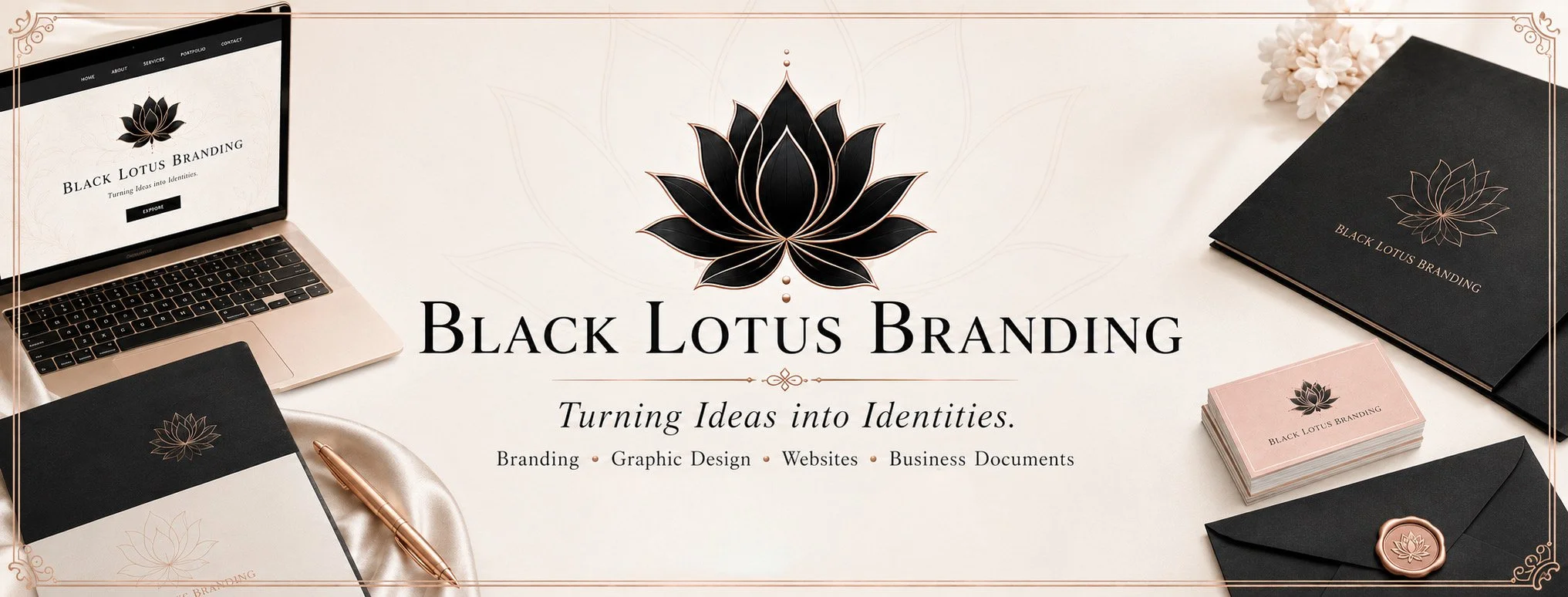 A branding company's workspace featuring a laptop with the company's website, black and pink branding materials, business cards, a notebook, and a pen, all arranged on a light-colored surface with a centered black lotus logo and the text "Black Lotus Branding".