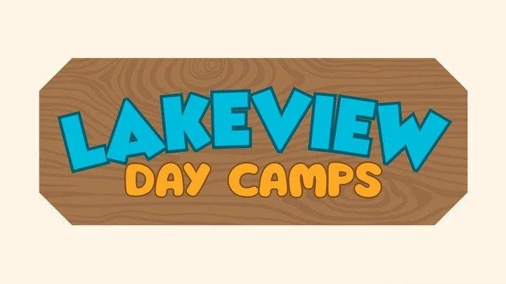 Signboard reading 'Lakeview Day Camps' with a wood background and colorful text.