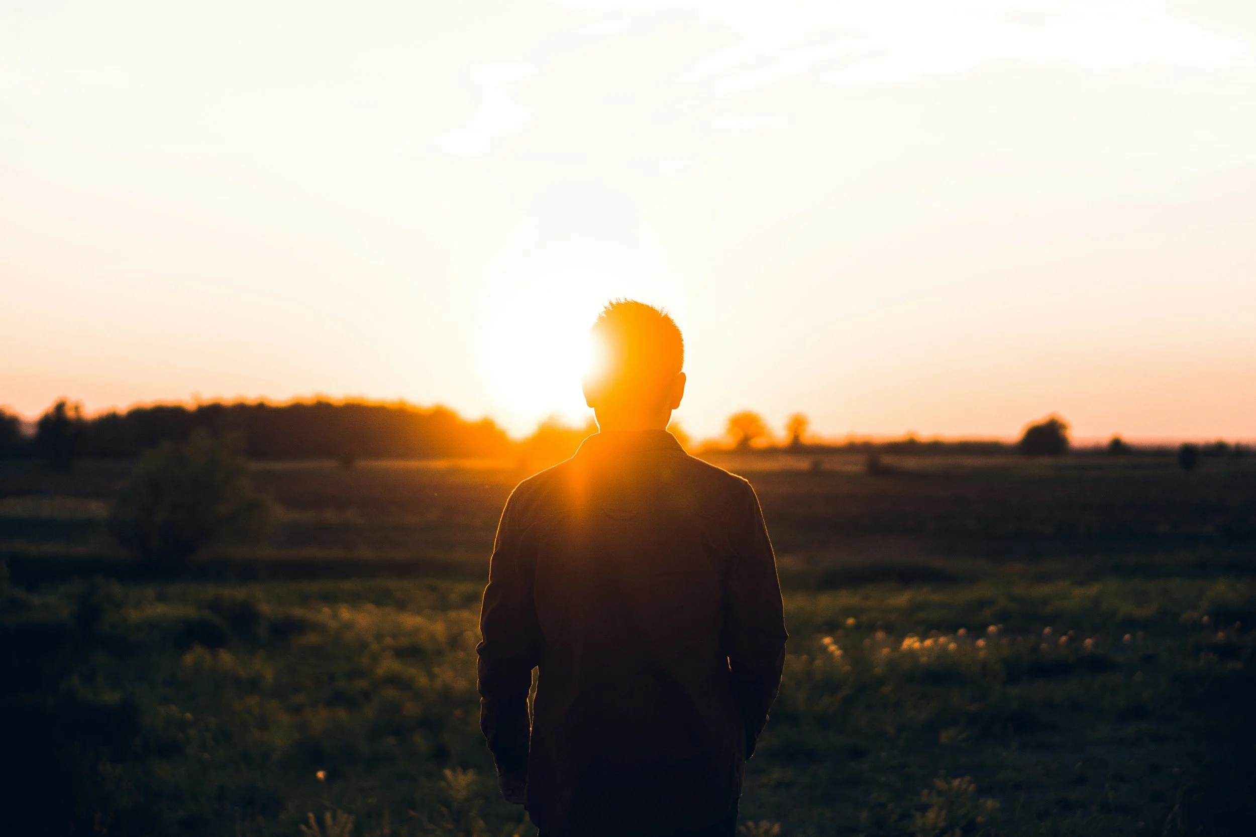 A person standing in a field during sunset, facing away from the camera with the sun behind their head.