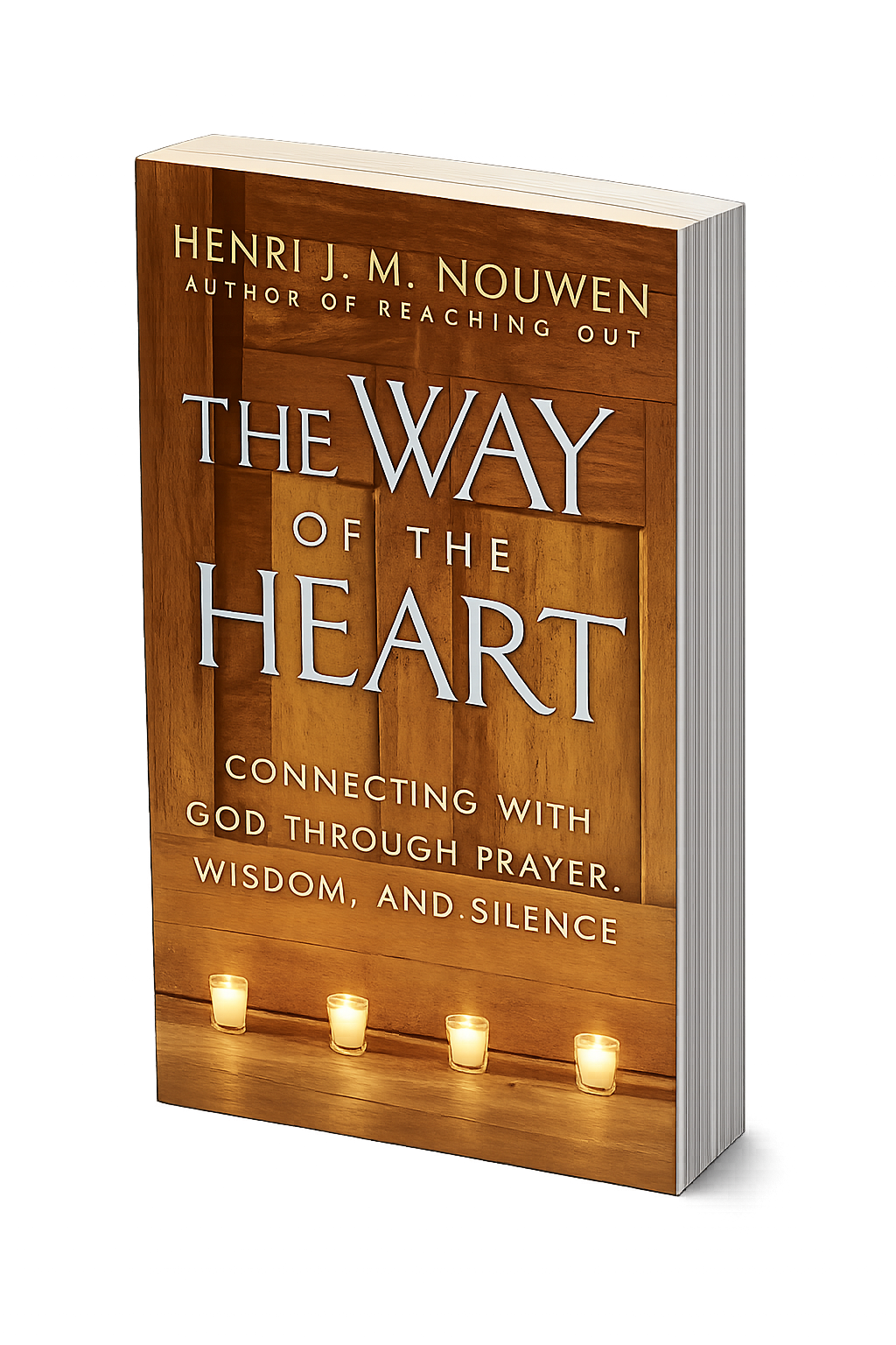 A large wooden book with the title 'The Way of the Heart' by Henri J. M. Nouwen, featuring candles at the bottom.
