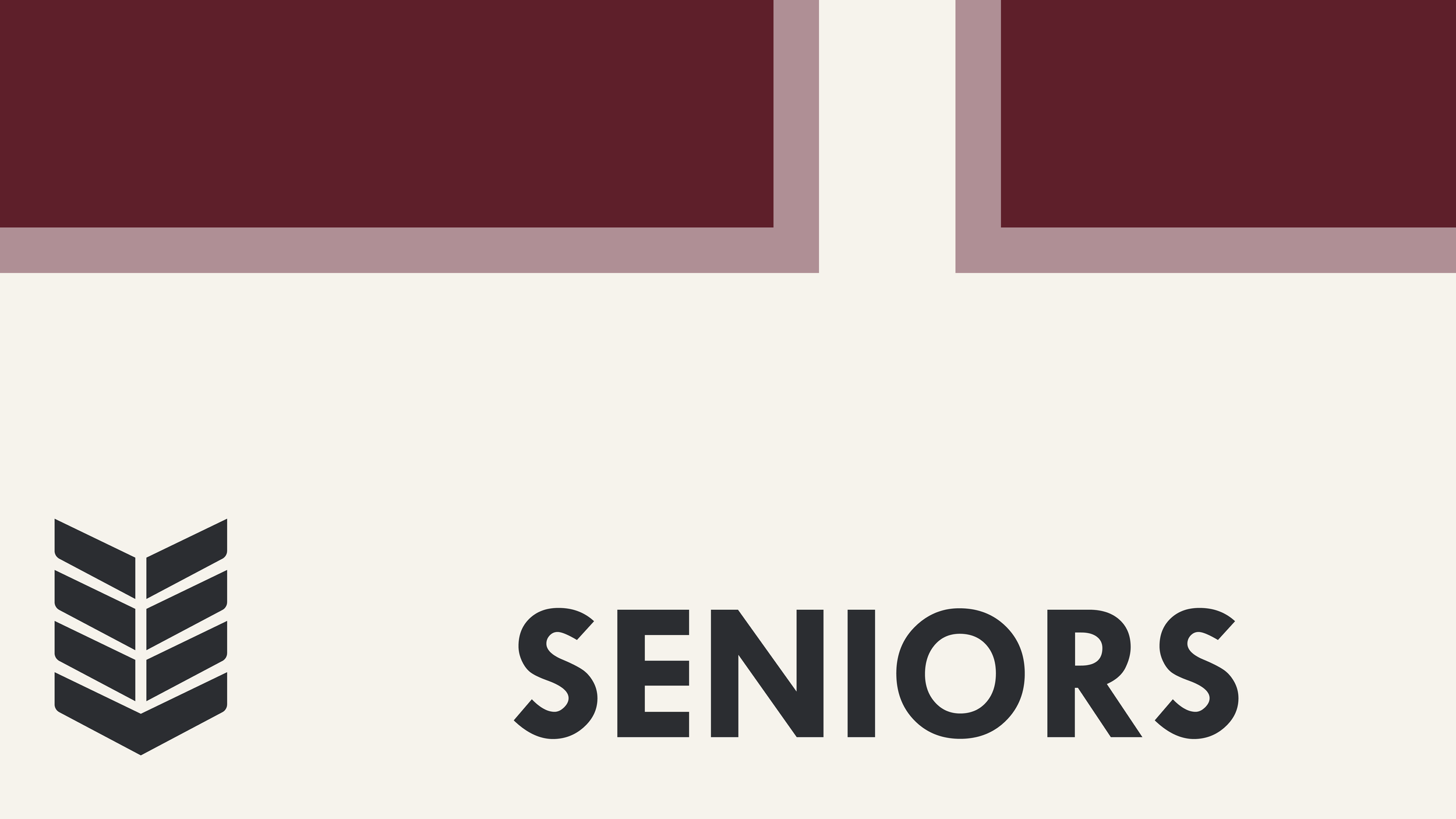 Close-up of a logo with a stylized wheat symbol and the text 'SENIORS' beneath it.