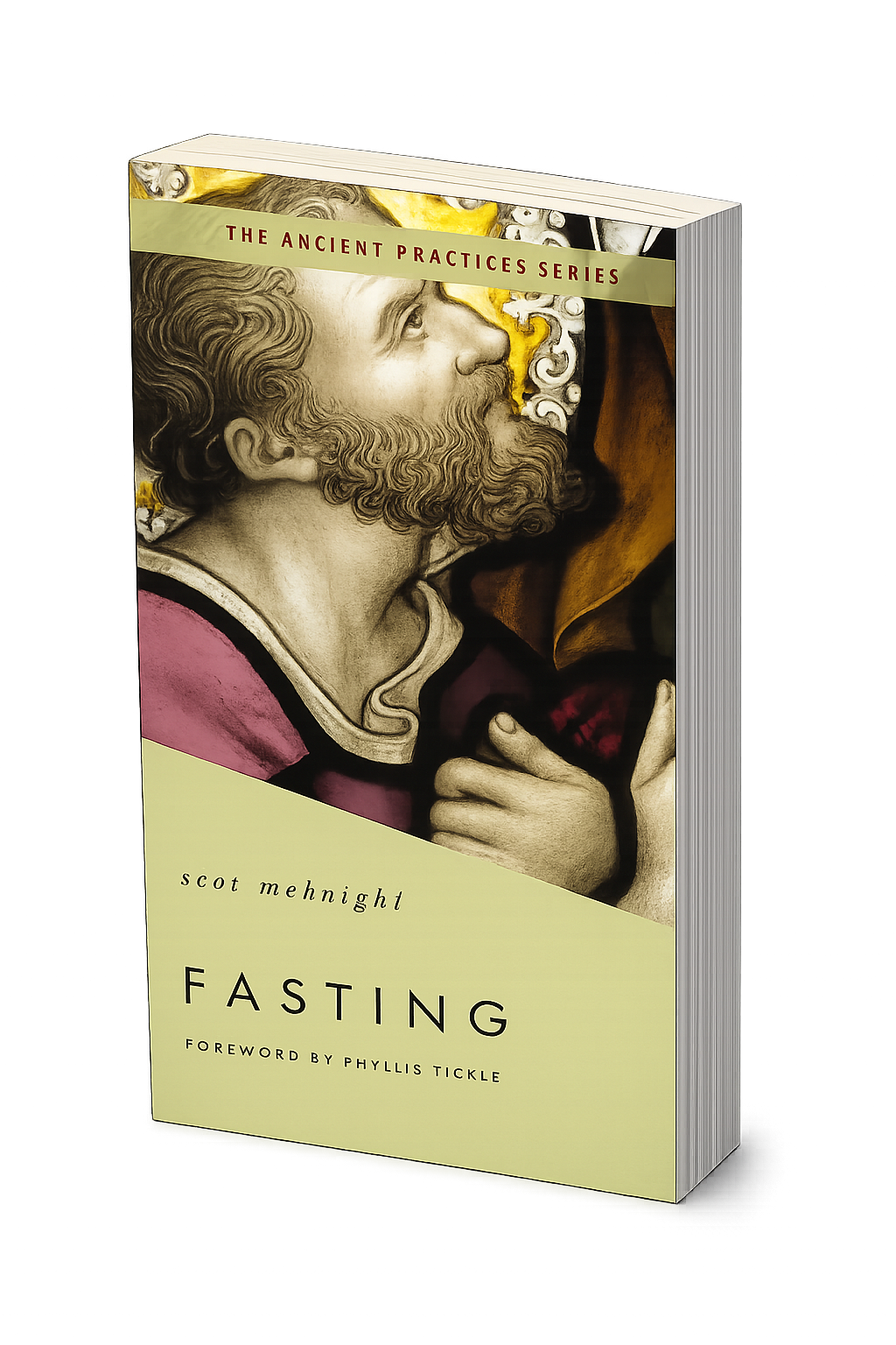 Book titled 'Fasting' by Scot Mehnight from 'The Ancient Practices Series', featuring artwork of a bearded man with curly hair, holding his hand to his chest, with a decorative background.