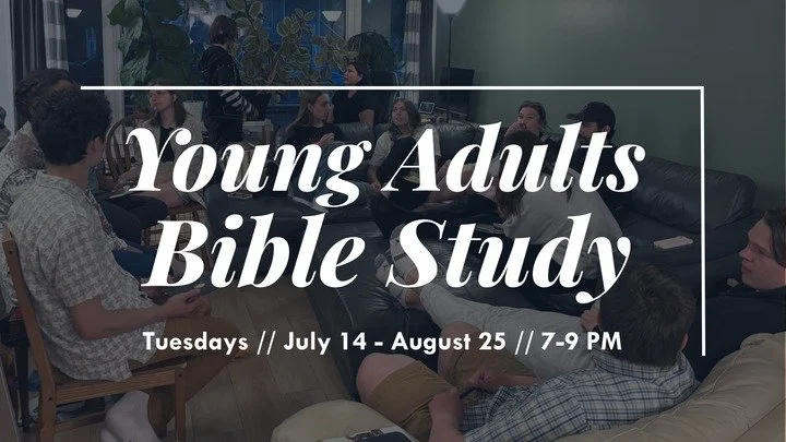 Young adults participating in a Bible study session in a cozy indoor setting with couches and chairs.