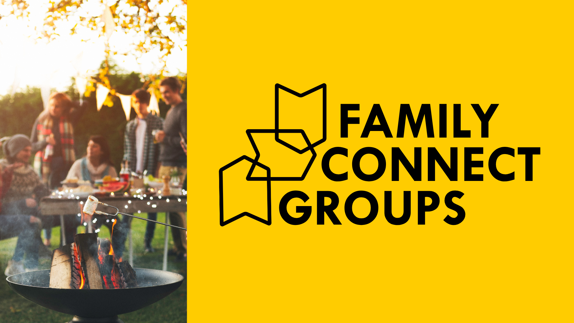 Group of people gathered around a table outdoors, with a logo and text that reads 'Family Connect Groups' overlayed on the image.