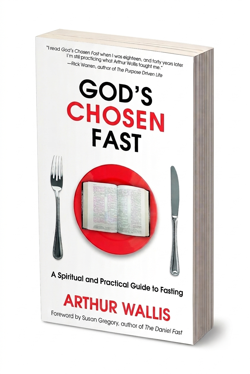 Book titled 'God's Chosen Fast' by Arthur Wallis, featuring a white cover with black and red text, an open Bible on a red plate, with a fork on the left and a knife on the right.