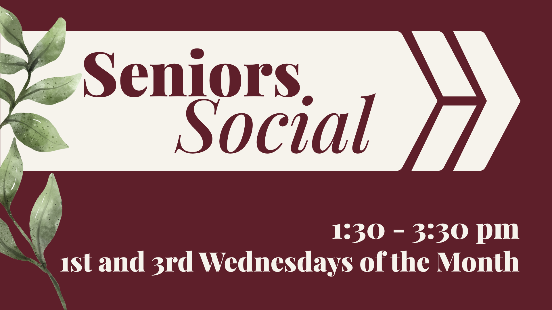 Text overlay reads 'Seniors Social' on top of an out-of-focus group of senior people indoors
