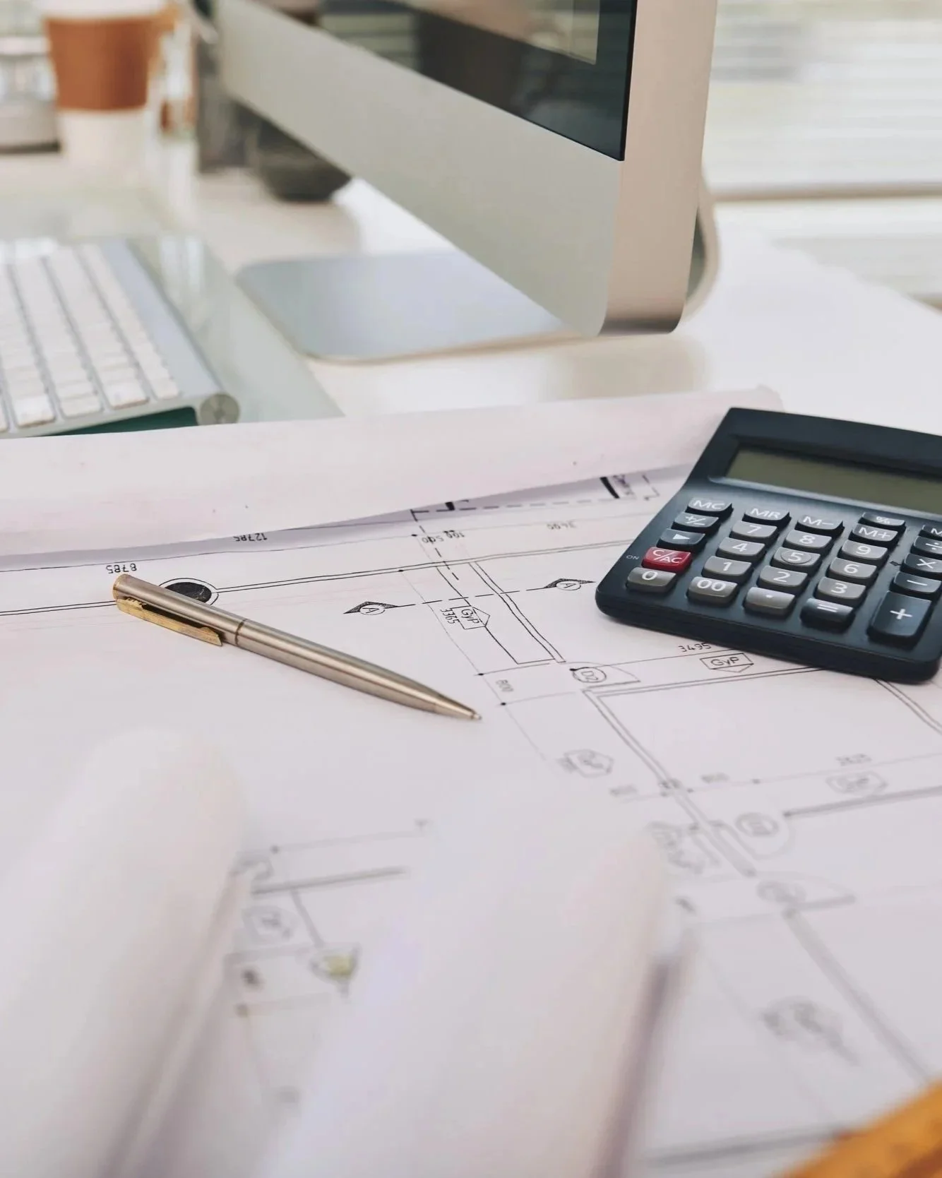 Architectural blueprint on desk with a pen, calculator, and computer.