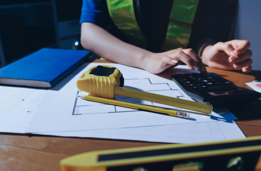 Person working on a construction or architectural project, using a calculator and a yellow tape measure on blueprints, with a blue notebook on the table.