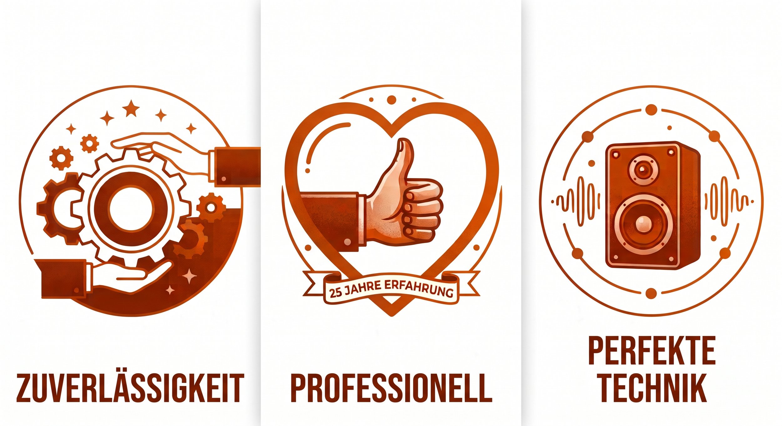 Grafik mit drei Abschnitten, die Symbole für Technik, Erfahrung und Sound zeigen, mit deutschen Beschriftungen "Zuverlässigkeit", "Proffessionell" und "Perfekte Technik", darunter die zentrale Motto "25 Jahre Erfahrung".