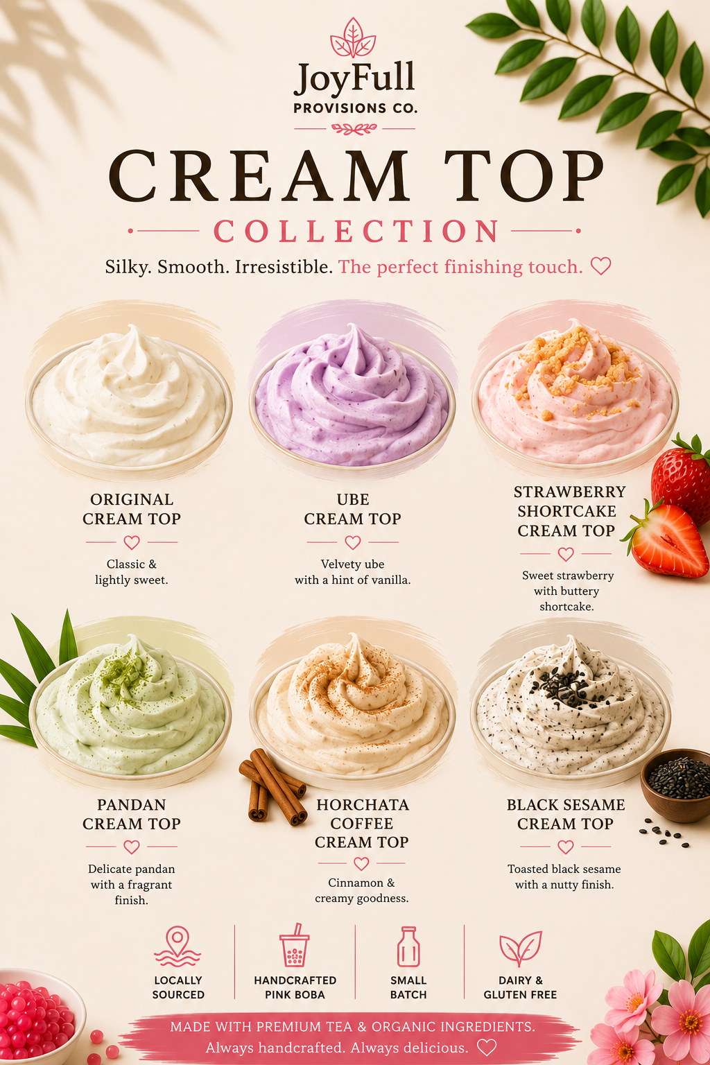 Image of a menu board displaying different flavors of cream tops, including Original, Ube, Strawberry Shortcake, Pandan, Horchata Coffee, and Black Sesame, with descriptions and decorative elements like strawberries, leaves, cinnamon sticks, and black sesame seeds.