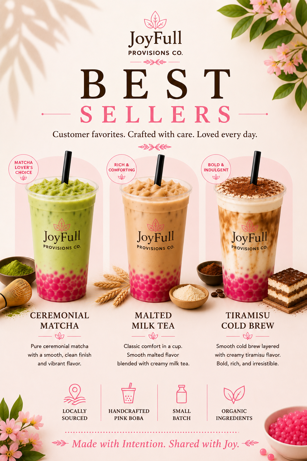 Poster advertising JoyFull's best-selling beverages, including ceremonial matcha, malted milk tea, and tiramisu cold brew with pink and green theme, cherry blossoms, and images of ingredients.