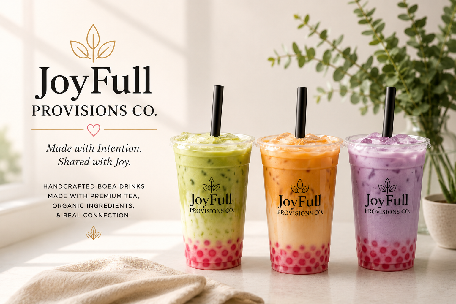 Three cups of colorful boba drinks in plastic cups with black straws, placed on a white surface with natural light and green plants in the background, featuring the JoyFull Provisions Co. logo and promotional text.