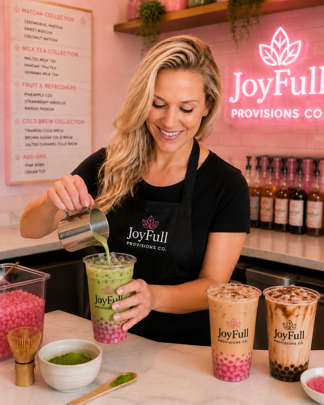 A woman with blonde hair smiles as she pours matcha green tea into a cup of bubble tea at JoyFull Provisions Co. The counter displays other bubble teas and ingredients, with a pink-themed sign and bottles in the background.