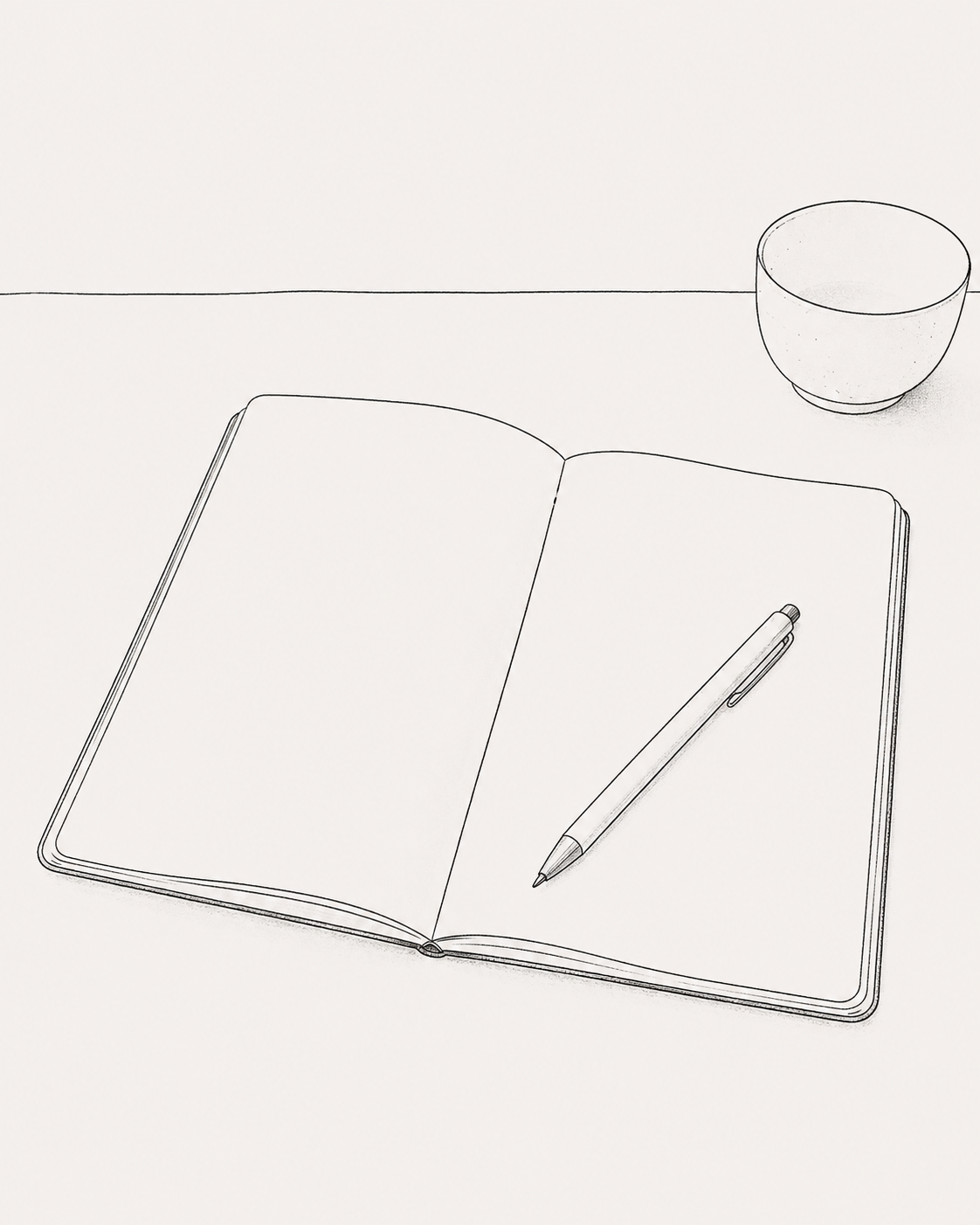 Line drawing of an open notebook with a pen resting on it, next to a cup on a table.