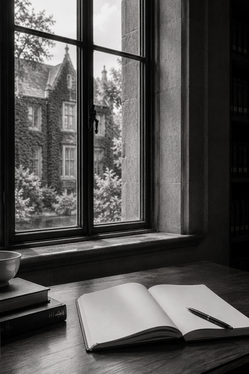 Open blank notebook on a wooden desk near a window with an outside view of an ivy-covered building and trees.
