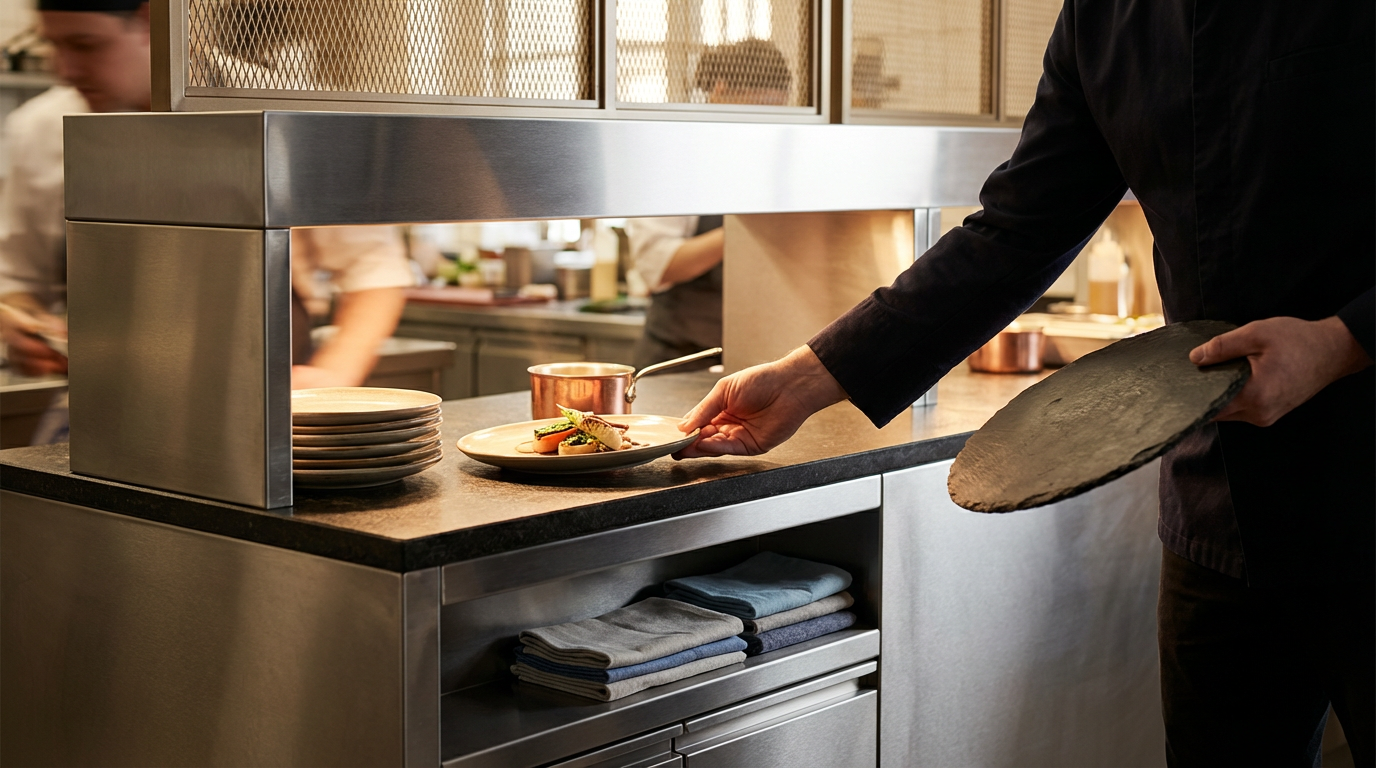A restaurant chef placing a plated dish on a serving counter, with other kitchen staff working in the background.