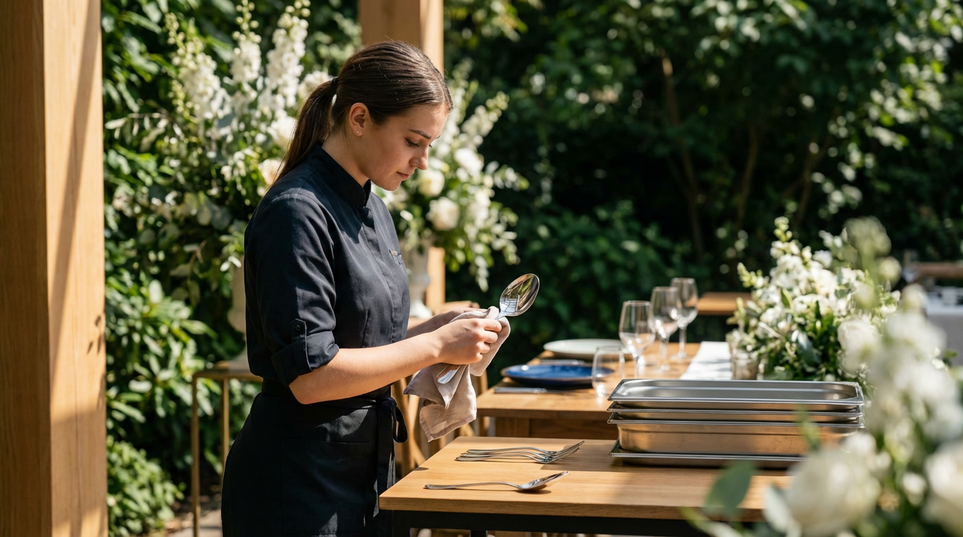 A young woman in a black chef's uniform preparing a table outdoors decorated with white flowers, setting up utensils and trays for a meal.