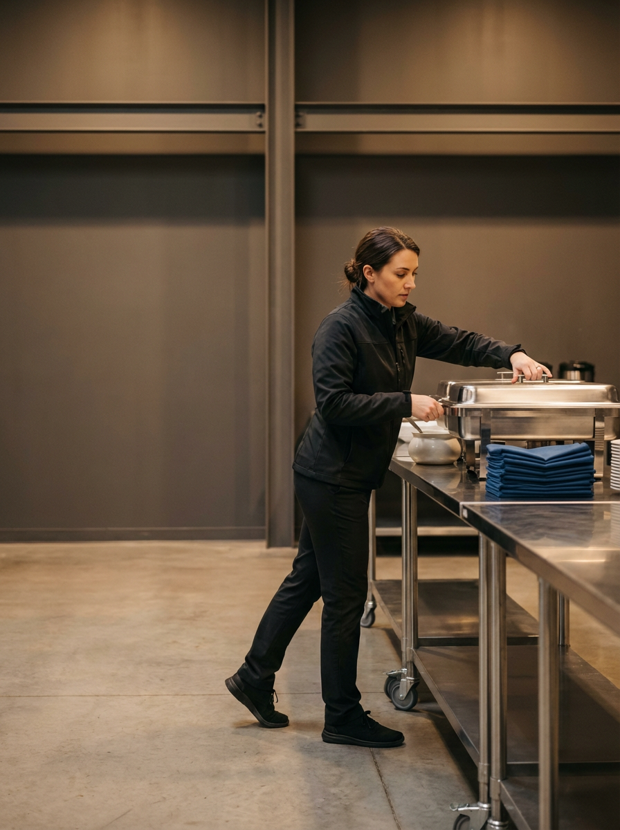 A woman in black clothing standing next to a stainless steel serving station in a commercial kitchen or cafeteria setting, handling a chafing dish.