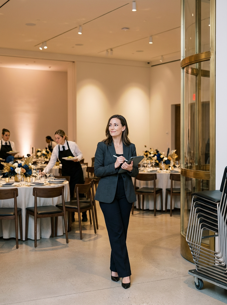 A professional woman in a dark suit holding a notepad and pen, standing inside a decorated banquet hall with round tables, floral centerpieces, and waitstaff preparing for an event.