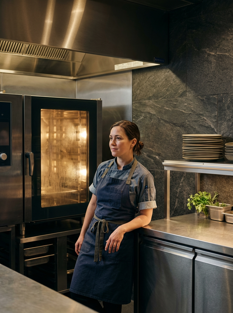 A female chef in a kitchen near an industrial oven, with plates stacked on a metal shelf and fresh herbs on the counter.