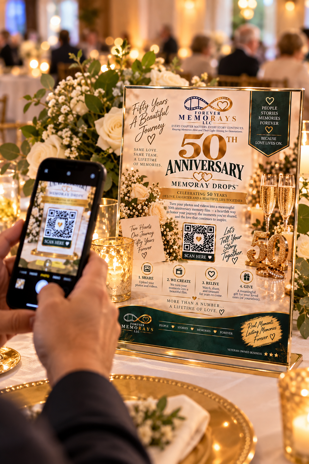 A photo of a sign celebrating a 50th anniversary at a wedding reception, with a person taking a picture of it with their phone. The sign features information on creating a 50th anniversary memory film, QR codes, and decorative elements like flowers and candles.