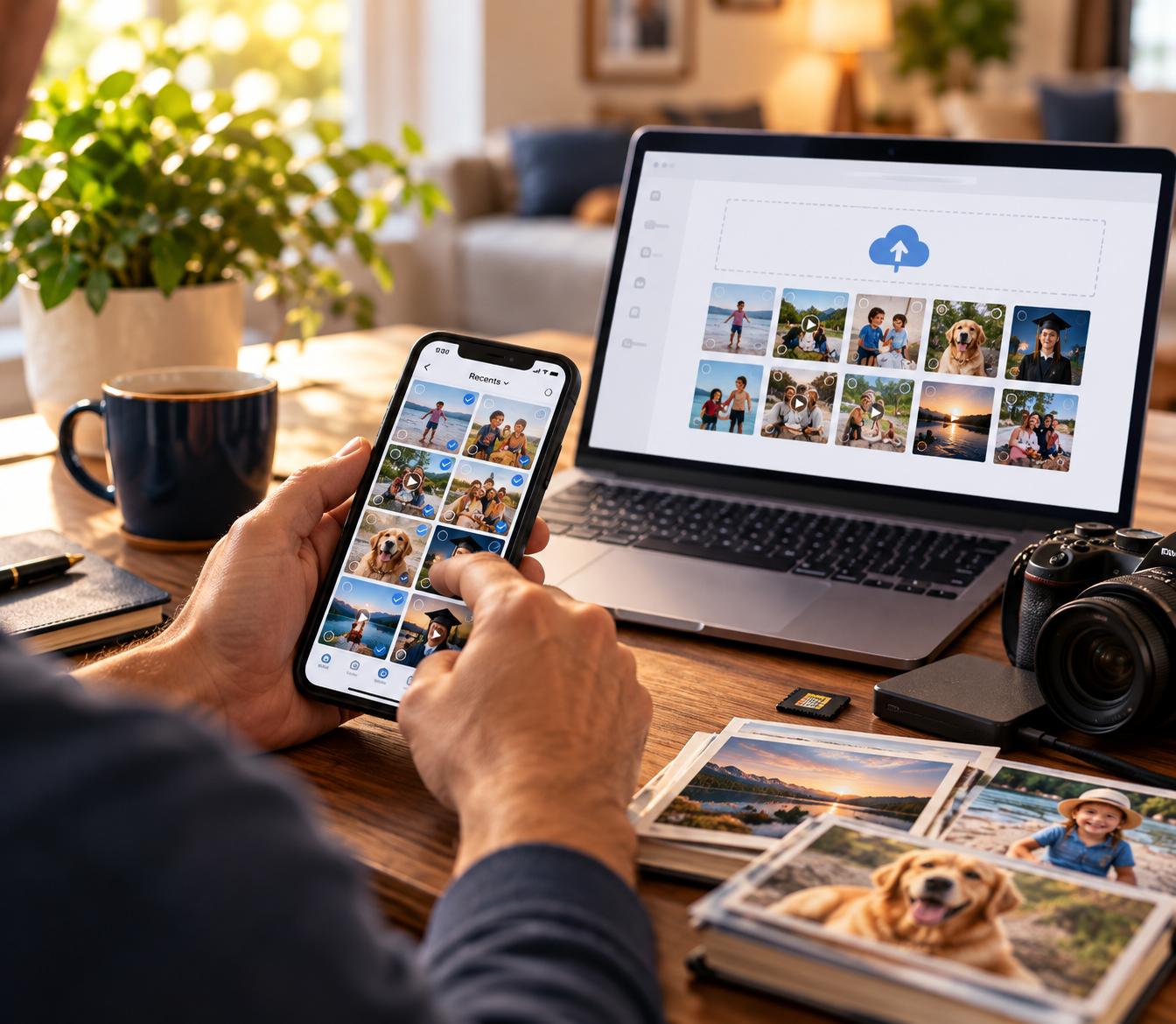 Person organizing photos on a smartphone and computer, with printed photos of a dog, a child, and a sunset on a wooden desk.