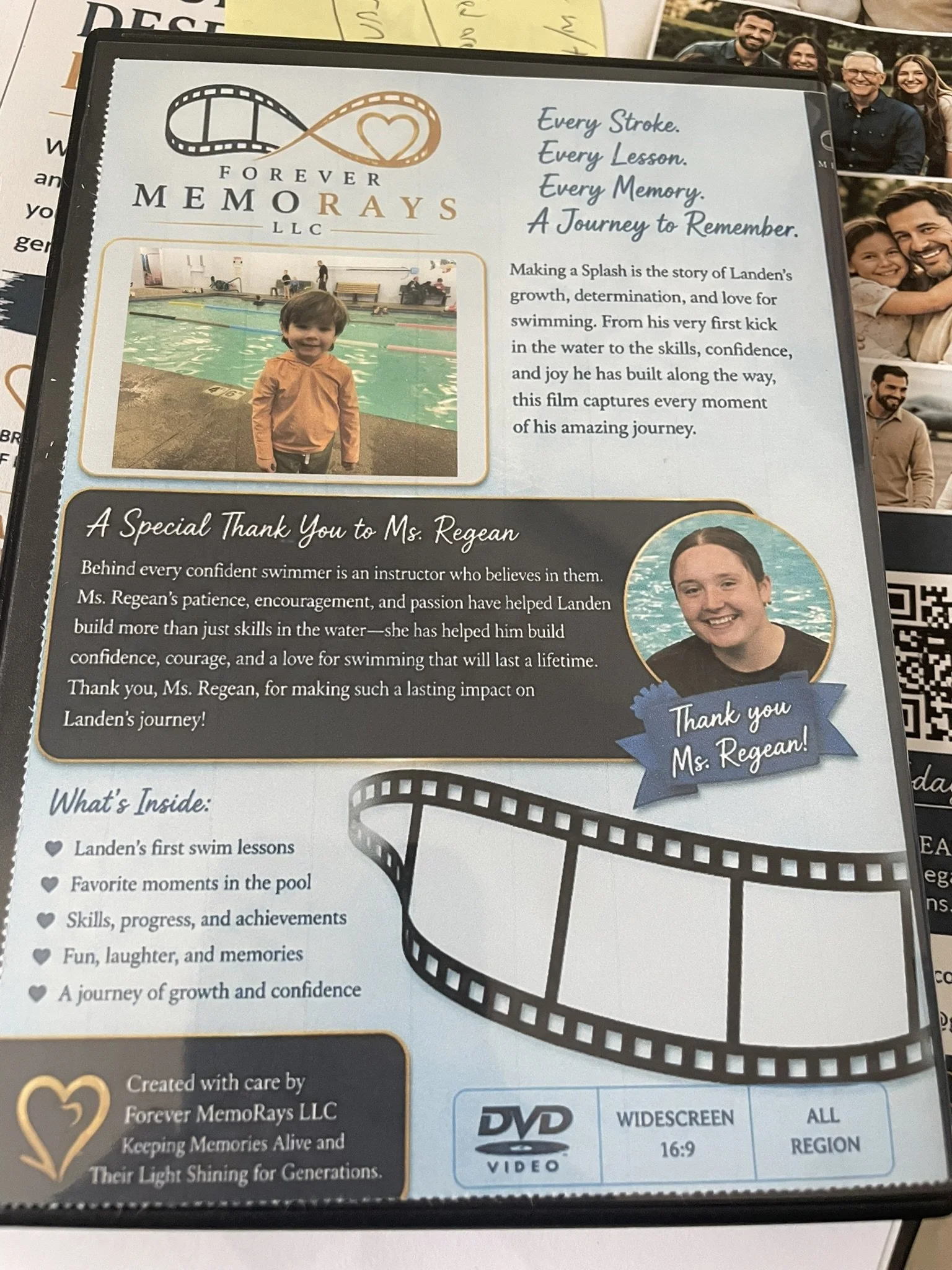 Pamphlet featuring a logo with a film reel and heart, a photo of a young boy at a swimming pool, and text about the importance of swimming lessons and gratitude to Ms. Reegan.